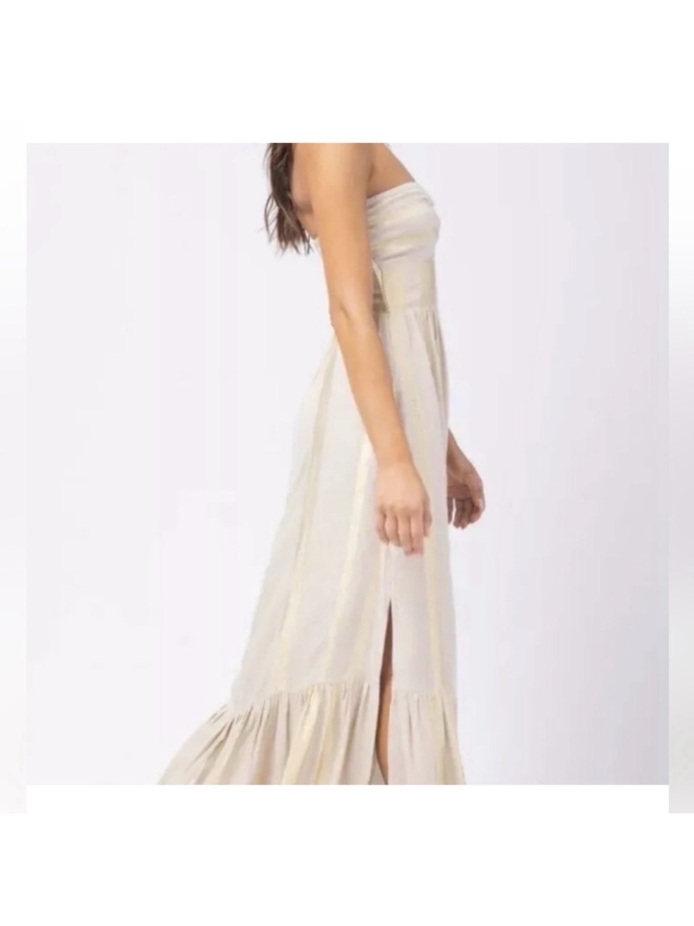 Anthropologie L Space Linen Gold Strapless Maxi Dress with Wood Knot Front - Picture 2 of 14